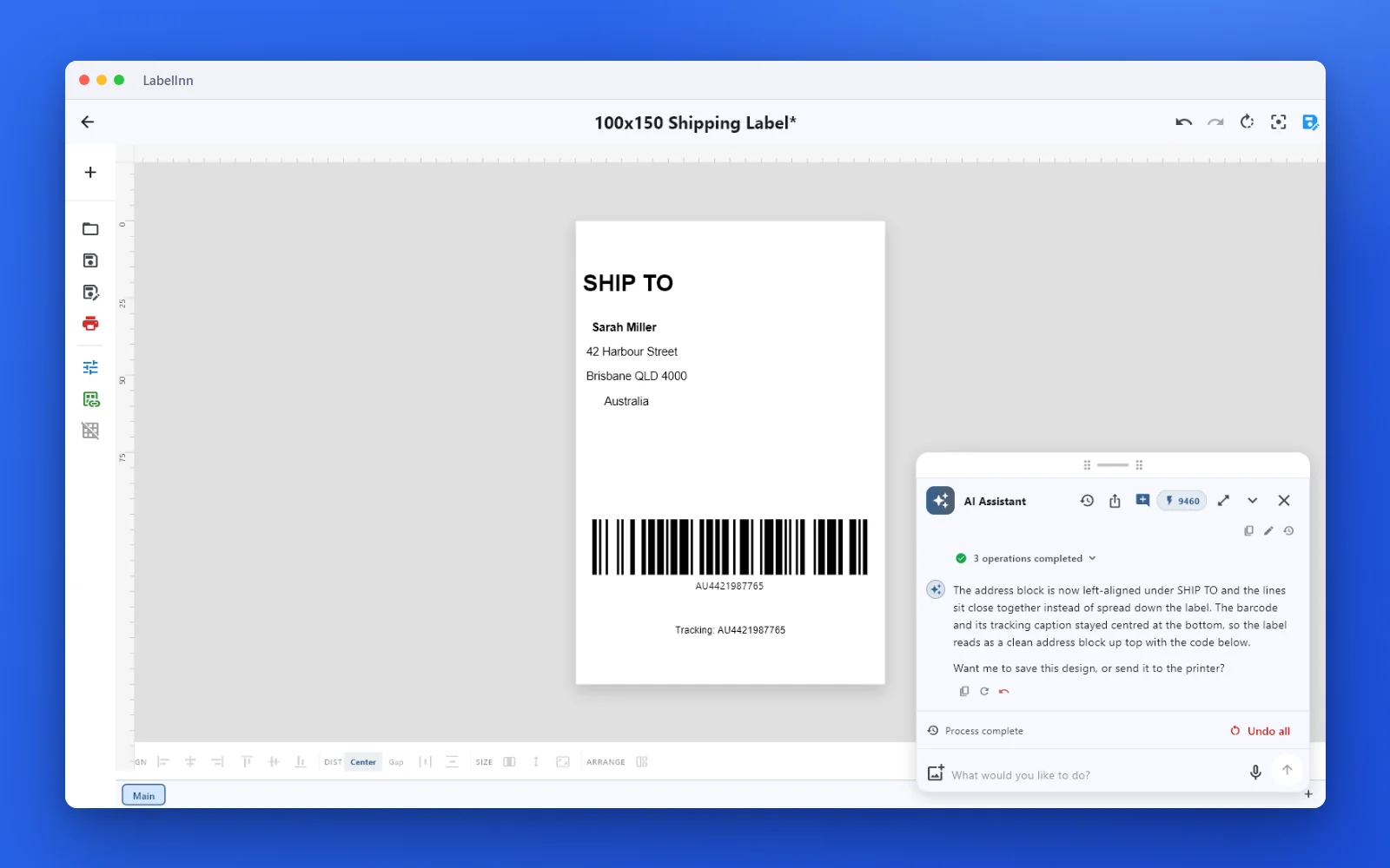 Describe the label. The AI builds it in your editor. — LabelInn