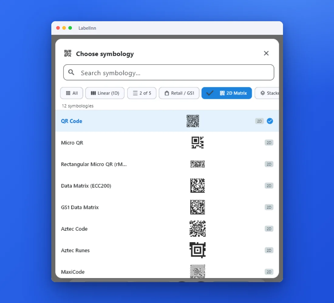 Filter to 2D codes for QR and Data Matrix: LabelInn screenshot