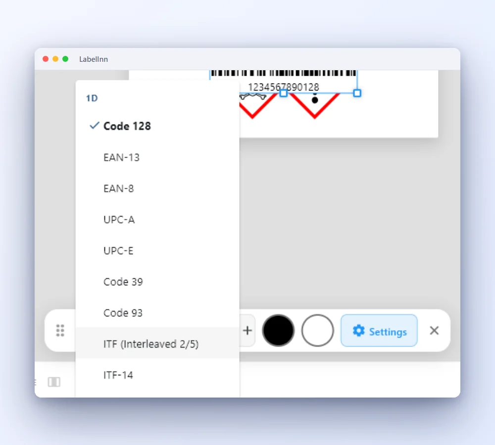 Switch type from the quick bar: LabelInn screenshot