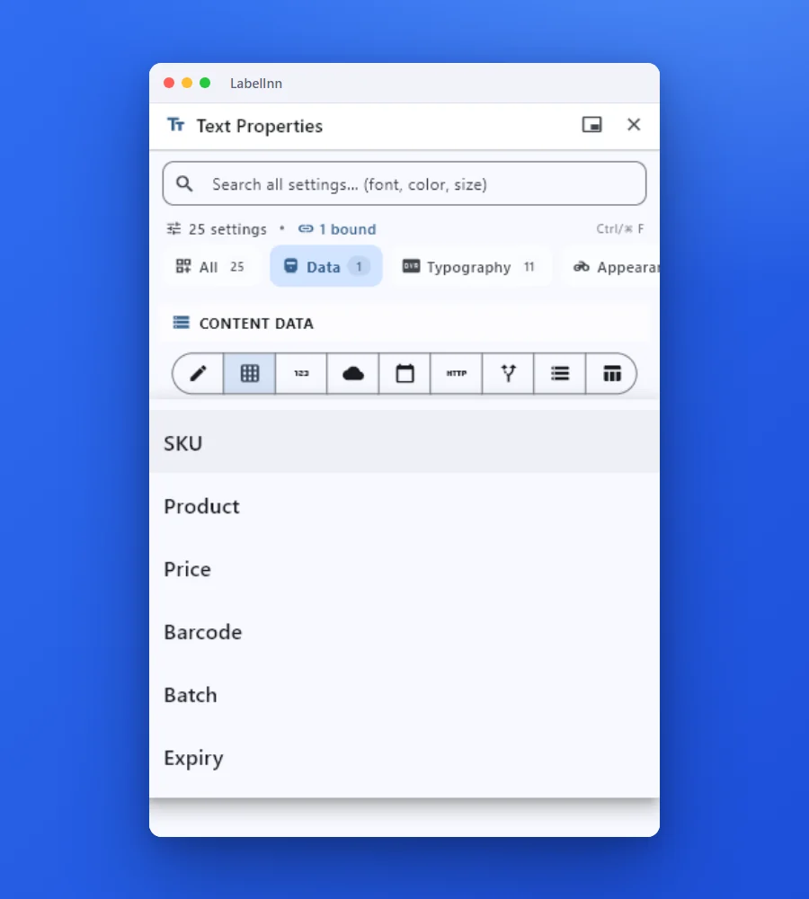 Picking the spreadsheet column for a field in LabelInn
