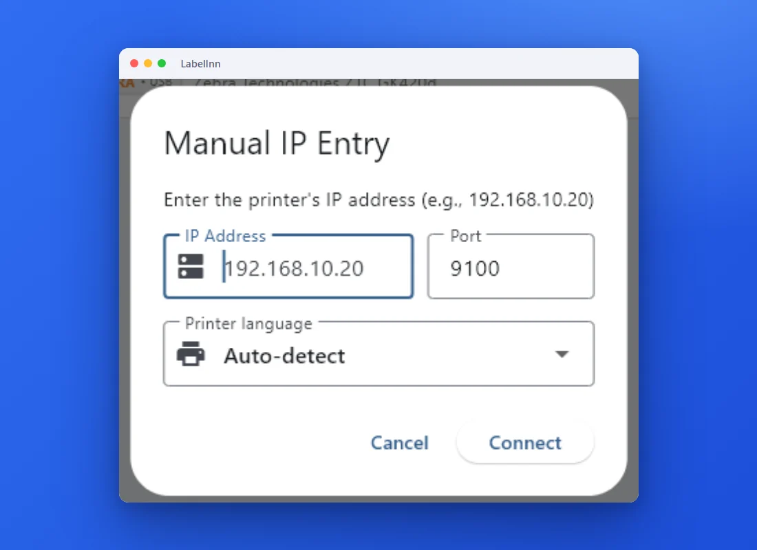 Add it by IP address: LabelInn screenshot