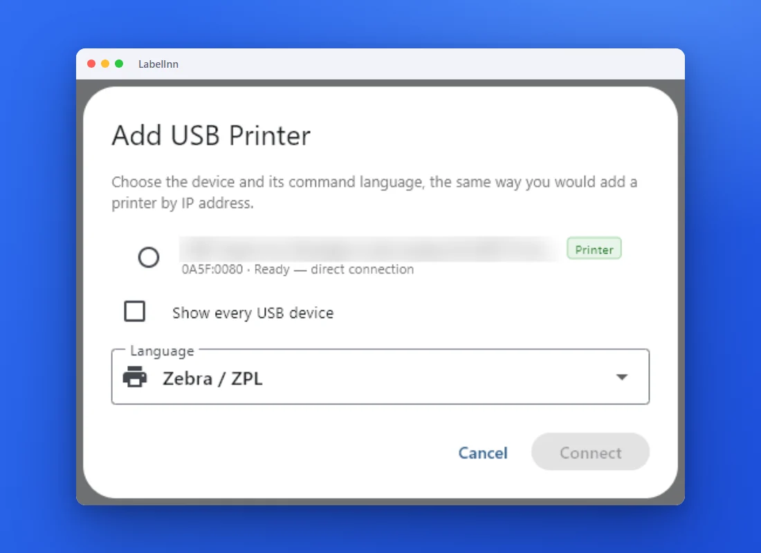 Add it as a USB printer: LabelInn screenshot