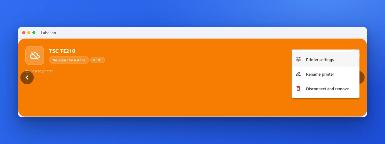 Open the printer settings and test: LabelInn screenshot
