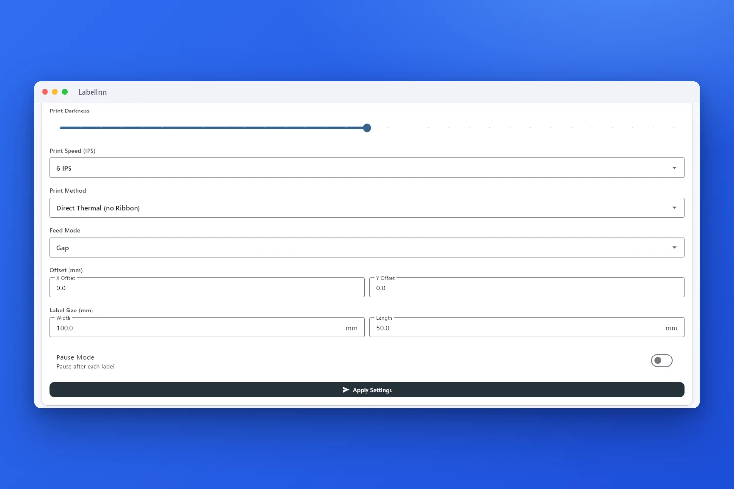 Printer settings: print method, feed mode, offsets and label size