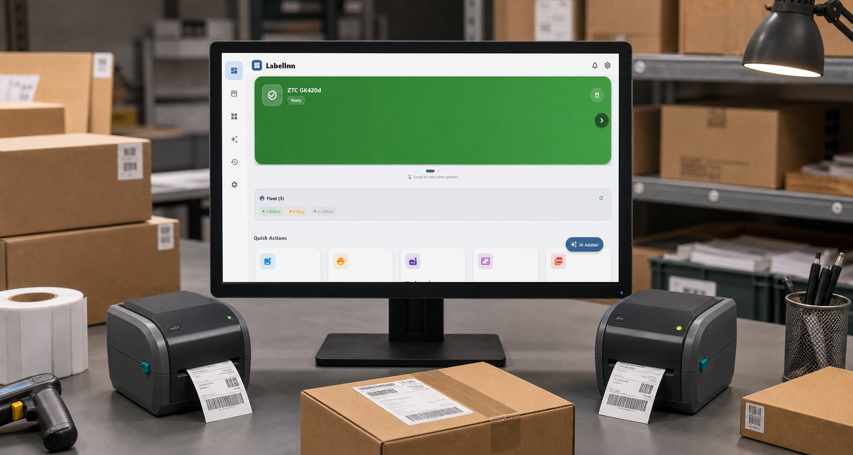 LabelInn fleet dashboard on a warehouse workstation with two connected thermal printers producing labels