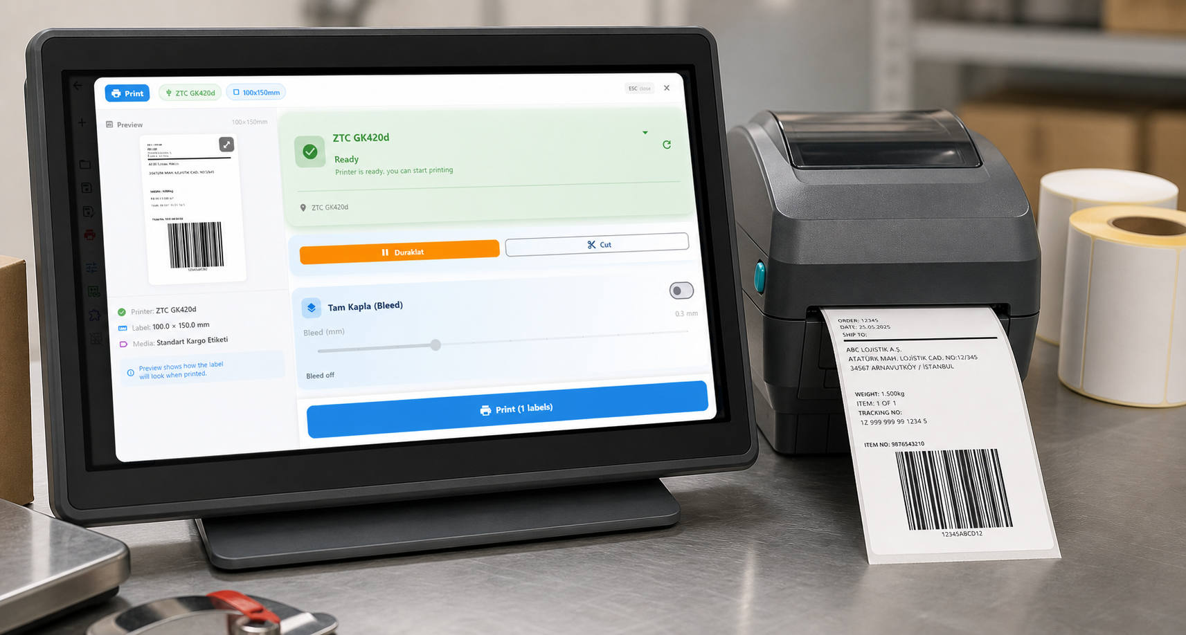 LabelInn print control workflow beside a connected thermal label printer