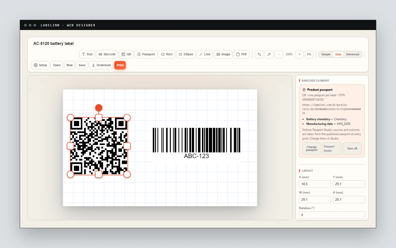 Web etiket tasarımcısında seçili bir pasaport QR kodu
