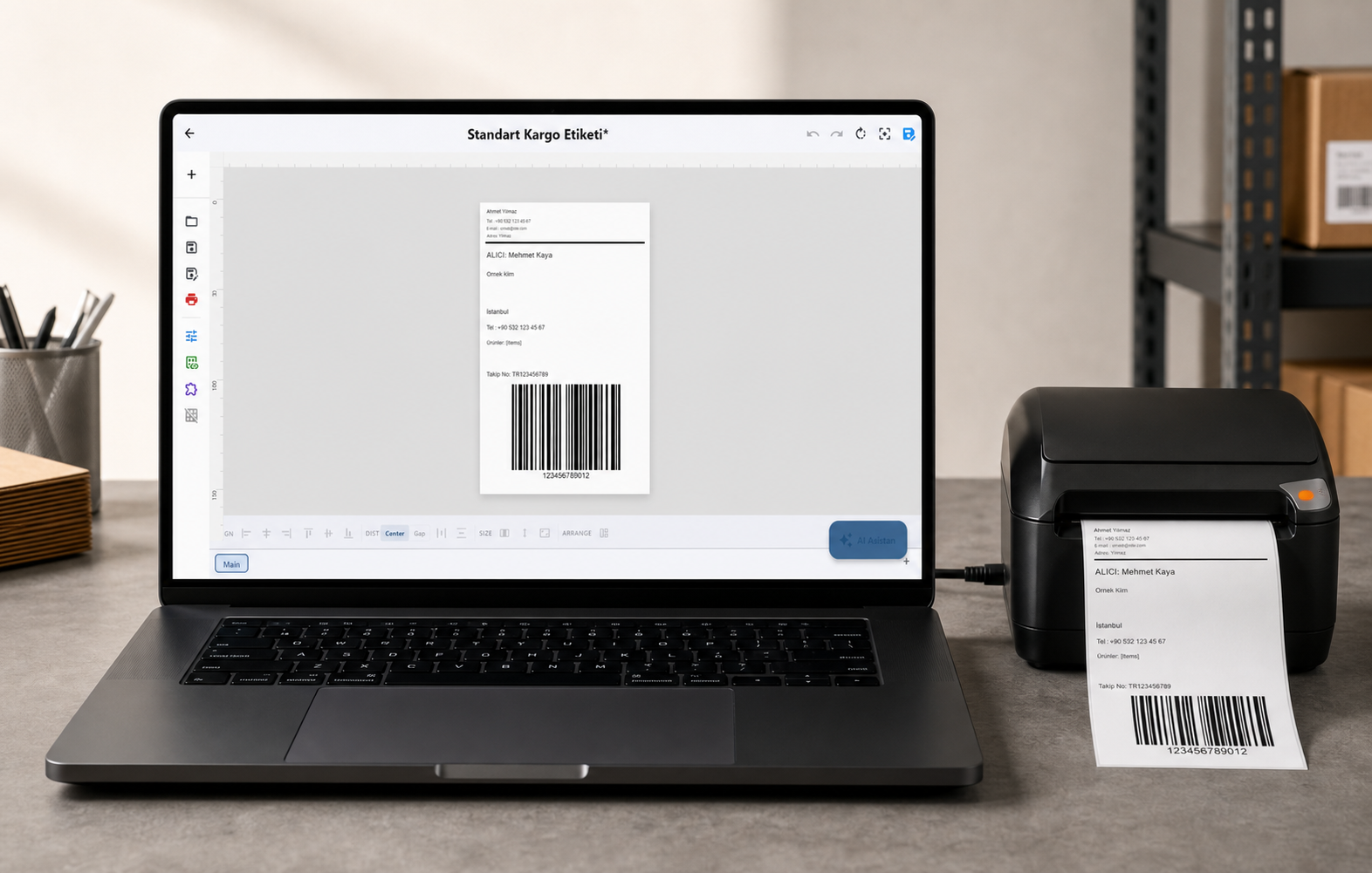 LabelInn running on a Mac beside a connected thermal label printer