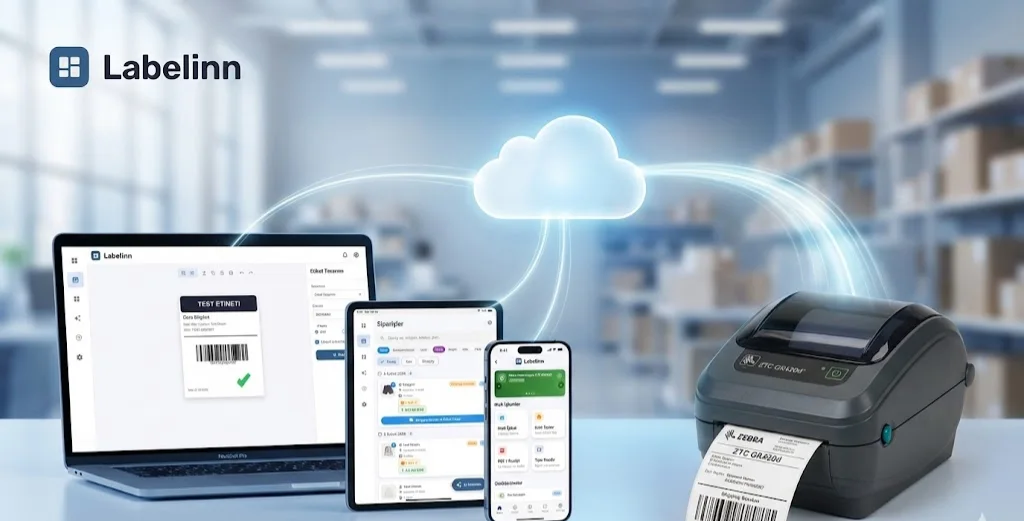 Desktop, tablet and phone syncing through the cloud to a label printer