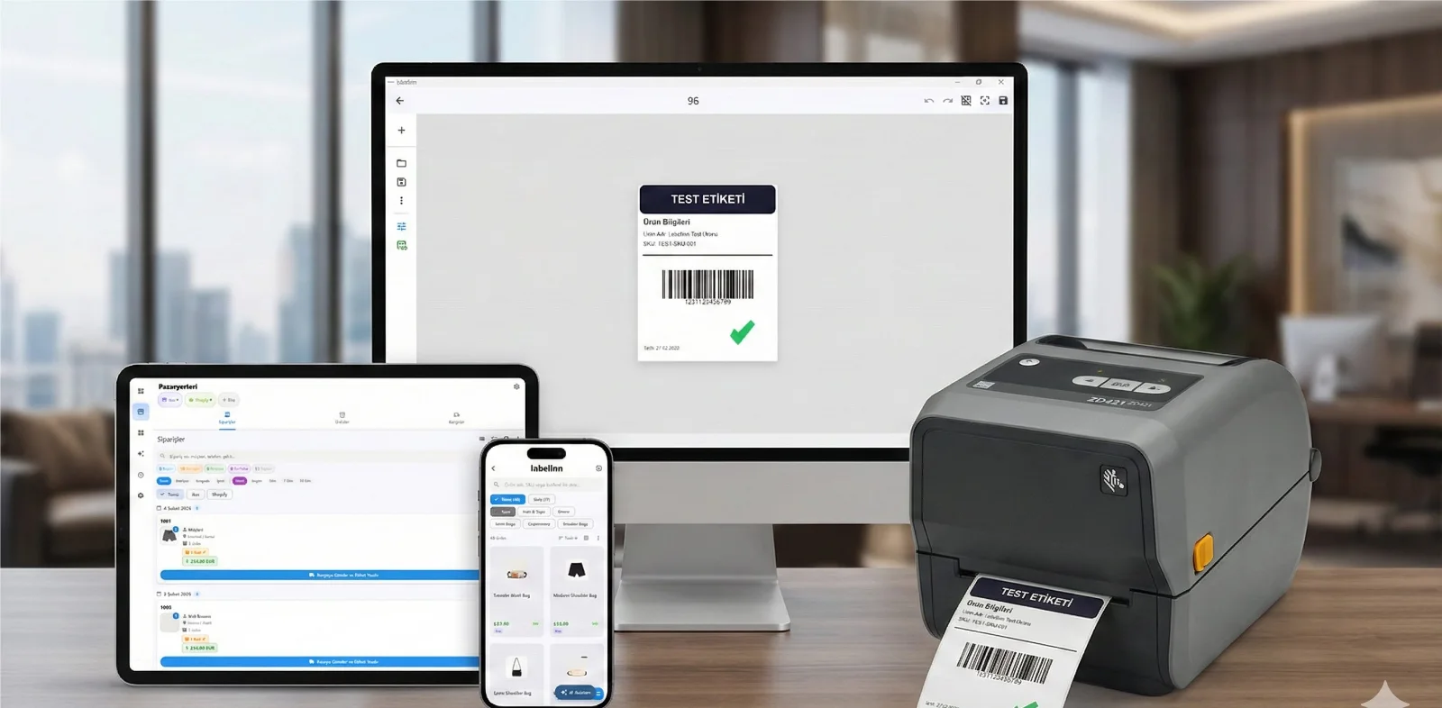 The LabelInn order list on a tablet and phone next to a printer and a desktop designer