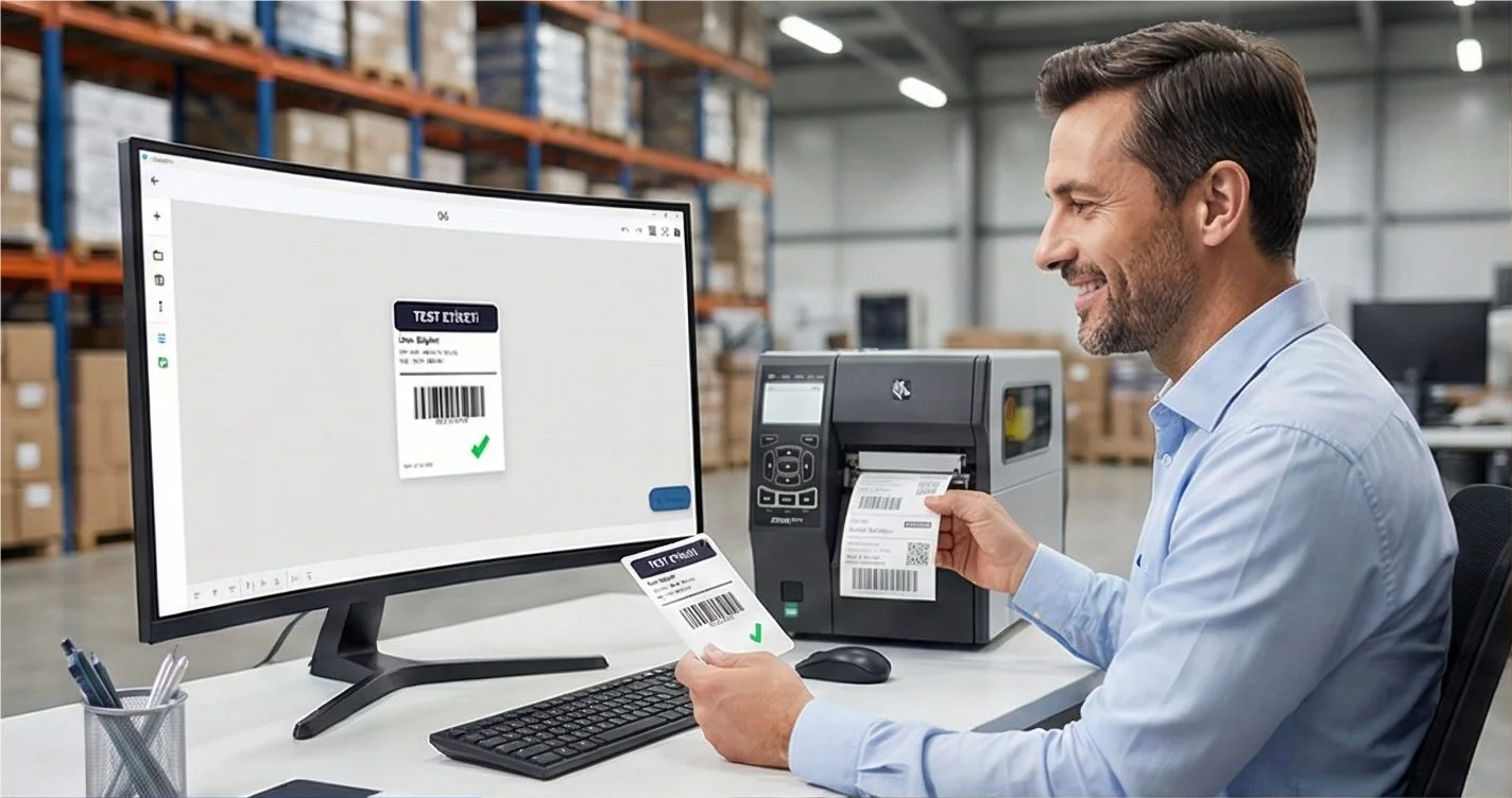 An operator printing a label on an industrial printer at the line