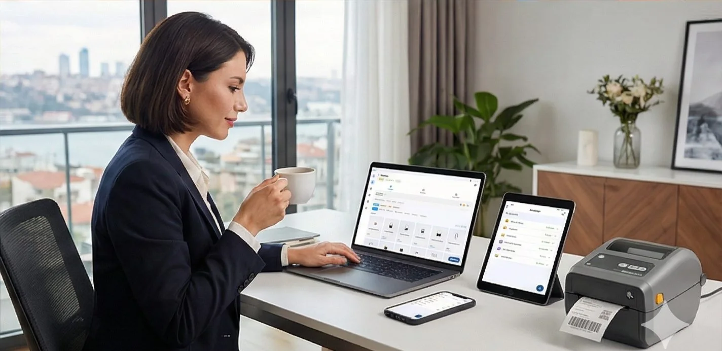 A desk with a laptop, a tablet and a desktop label printer