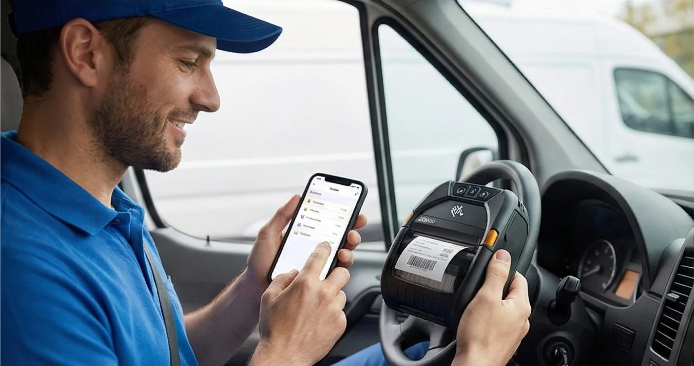 A delivery driver printing a label from a phone on a mobile printer
