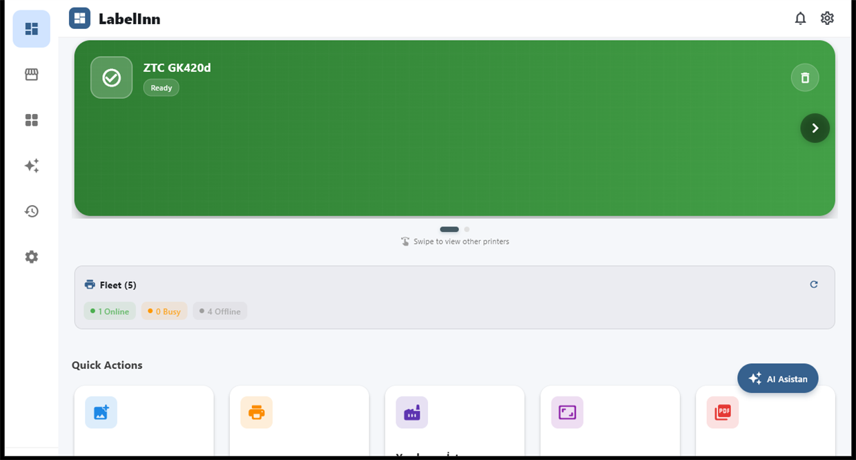 LabelInn dashboard — printer fleet status and quick actions